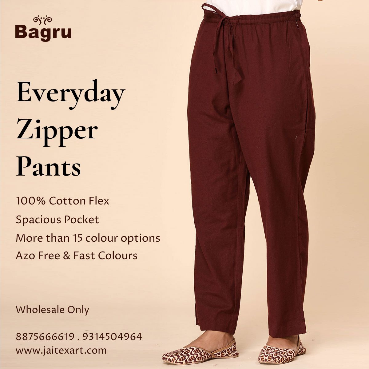 null- Jai Texart - Bagru - Jaipur- Sanganer. Hand Block printed Zip Pant