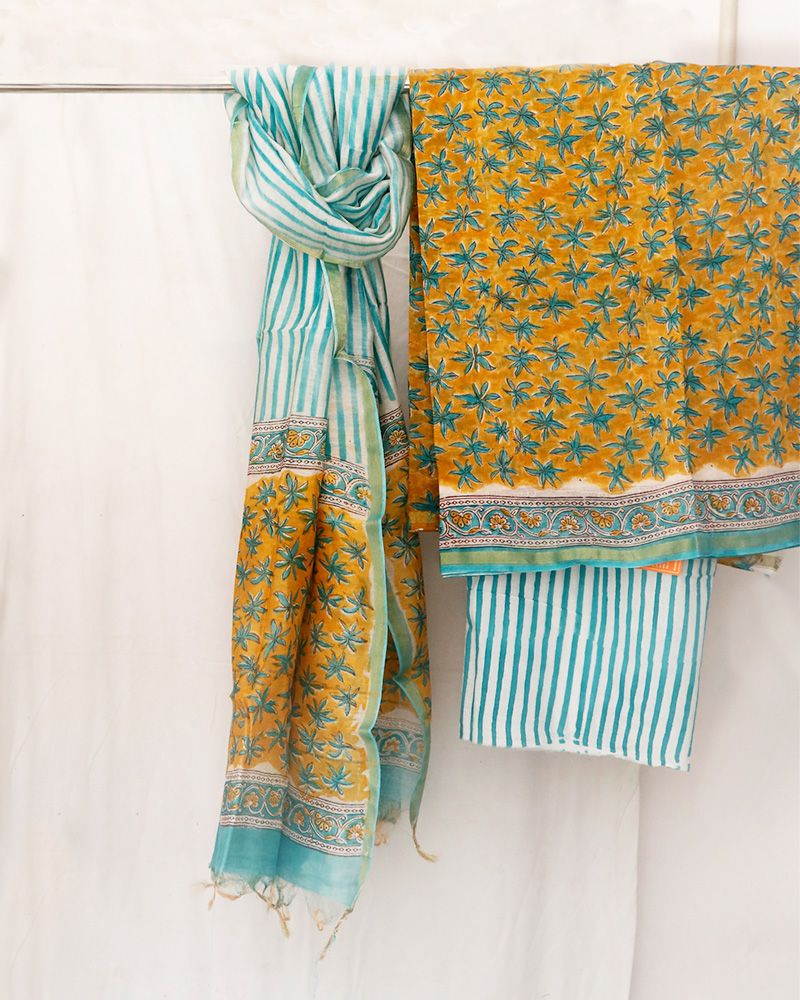null- Jai Texart - Bagru - Jaipur- Sanganer. Hand Block printed Chanderi Dress Material Suit Set